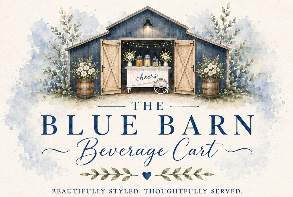 The Blue Barn Beverage Cart logo featuring a rustic blue barn with floral decor and a white beverage cart.