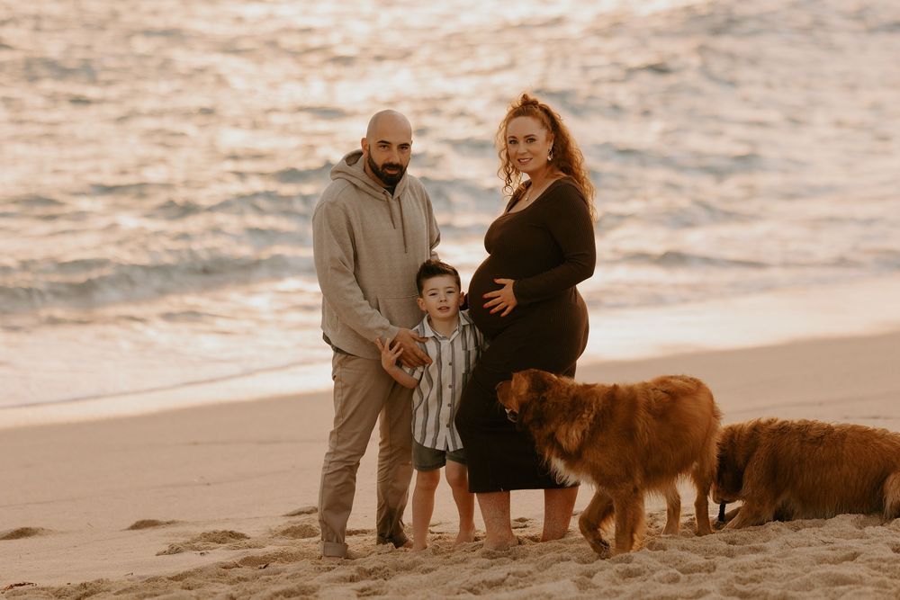 Family maternity beach photo with man, pregnant woman, toddler son, and golden dog at sunset.