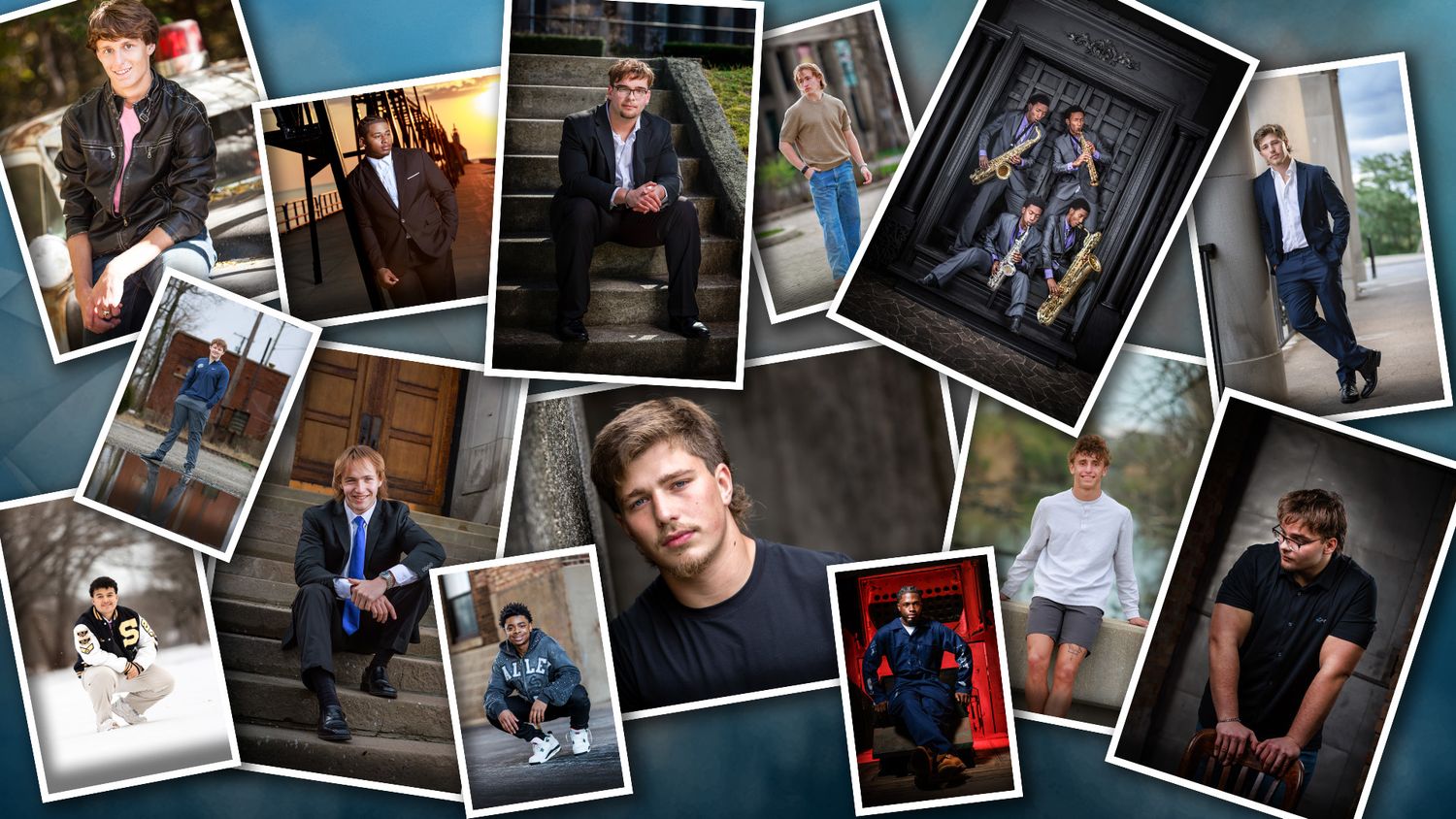 Collage of eight professional portrait photos of young men posed outdoors and indoors on a vintage brown leather background.