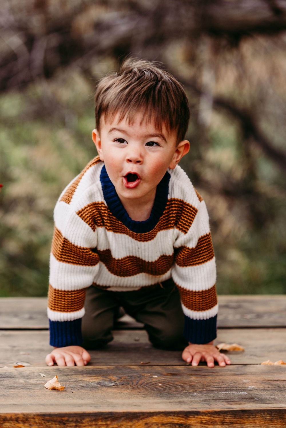 Adorable toddler boy in striped sweater crawling on wooden surface outdoors in autumn setting.