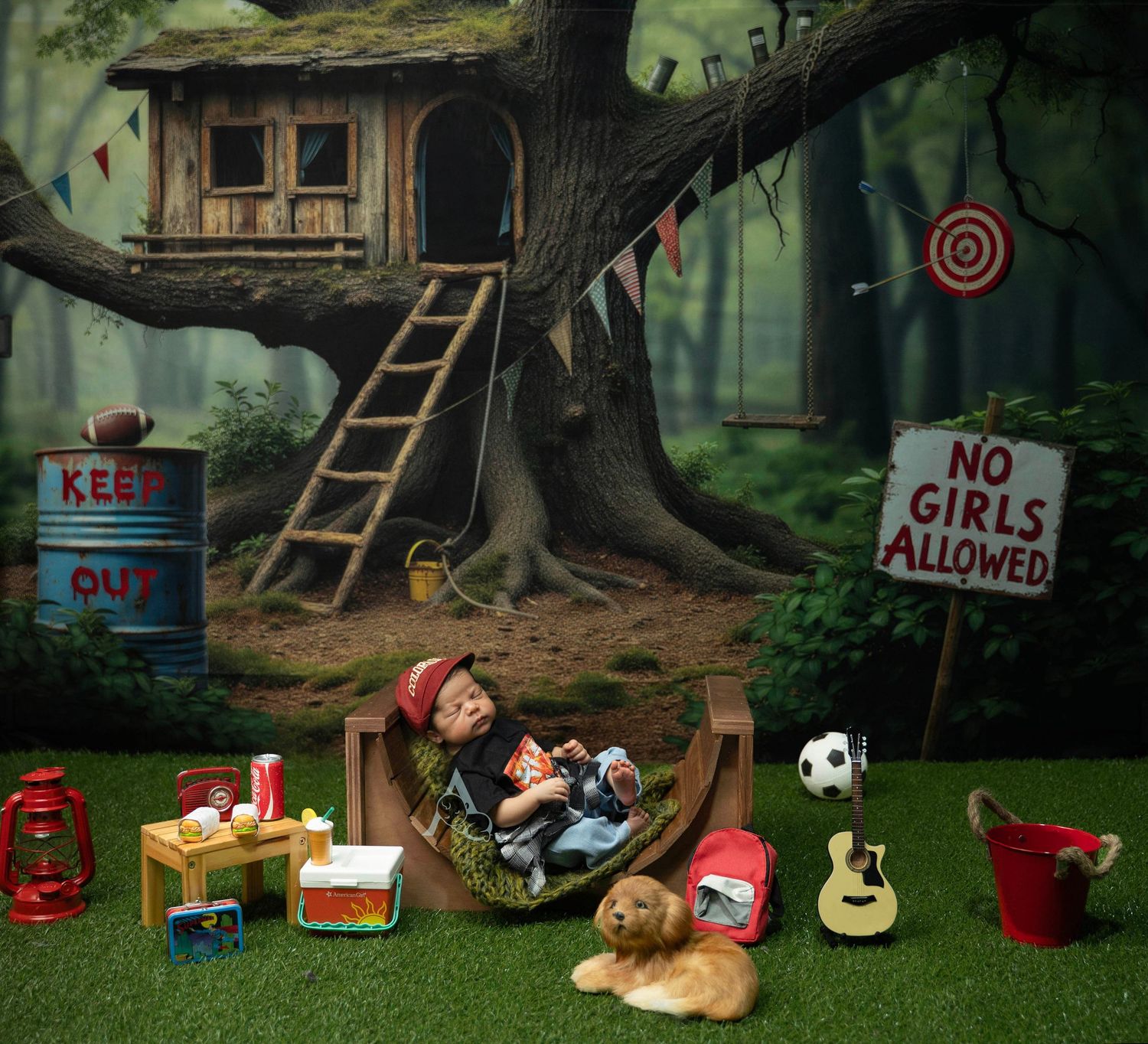 Baby posed in hammock near treehouse with 'No Girls Allowed' sign, in forest setting. At The Affinity Studio in St. Augustine.