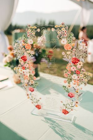 Elegant floral acrylic wedding seating chart sign with colorful painted flowers on a mint green tablecloth.