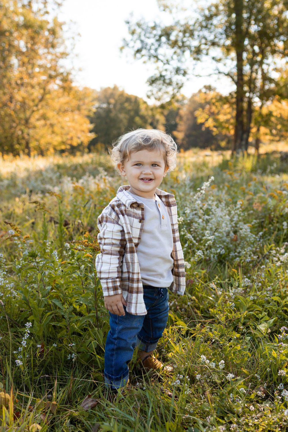 Smiling toddler in plaid shirt and jeans standing in a sunny wildflower field during golden autumn afternoon.