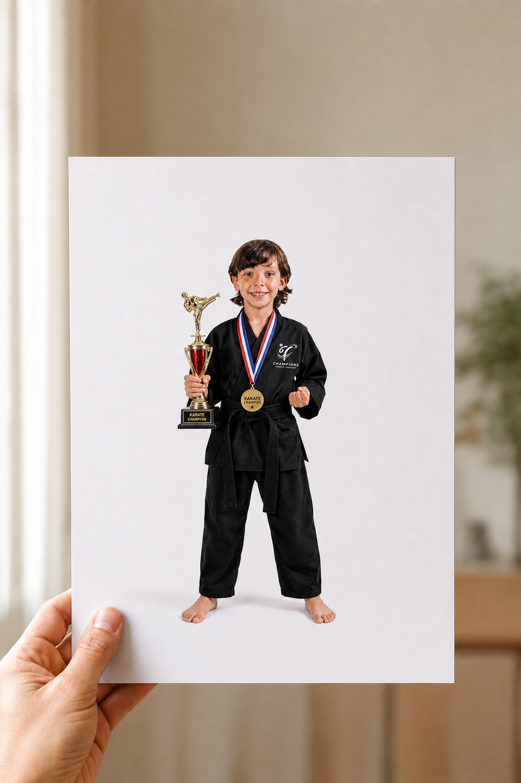 Mock Up young martial artist in black holding trophy and gold medal, wearing red white blue ribbon at competition.