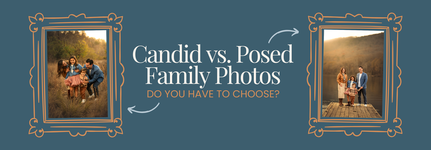 A family poses warmly outdoors in golden light, blending candid and posed photography styles in a natural setting.