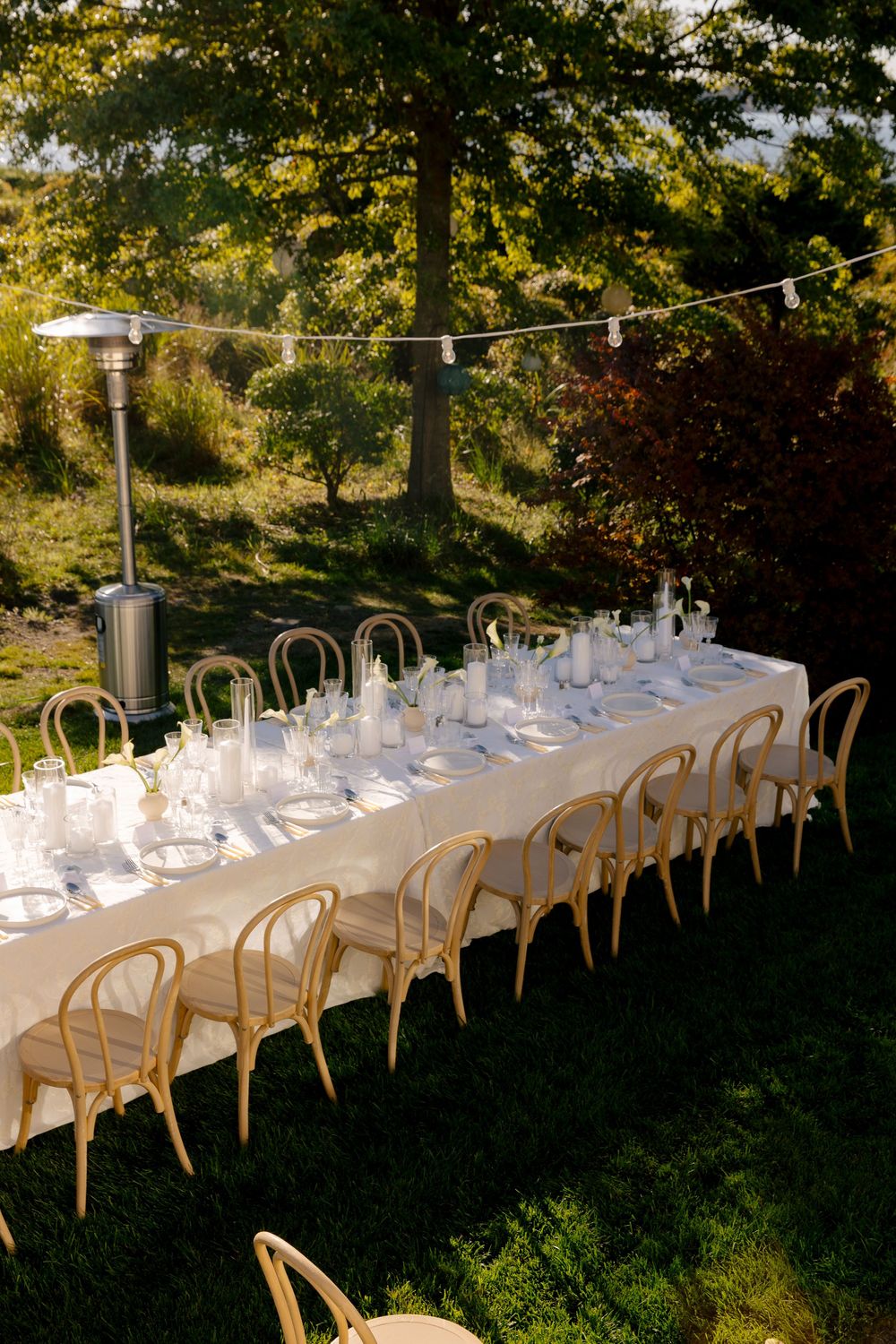 Elegant outdoor wedding reception with long white-draped table, bentwood chairs, string lights, and lush green trees in warm sunlight.