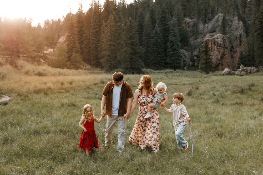 A family of five walks hand-in-hand through a sunlit green meadow surrounded by tall pine trees.