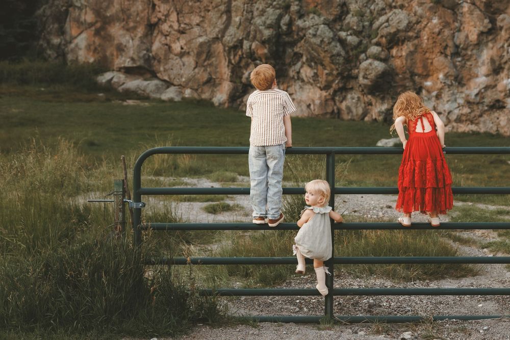 Three young children stand on a metal fence gate in a scenic outdoor setting with rocky cliffs and green grass.