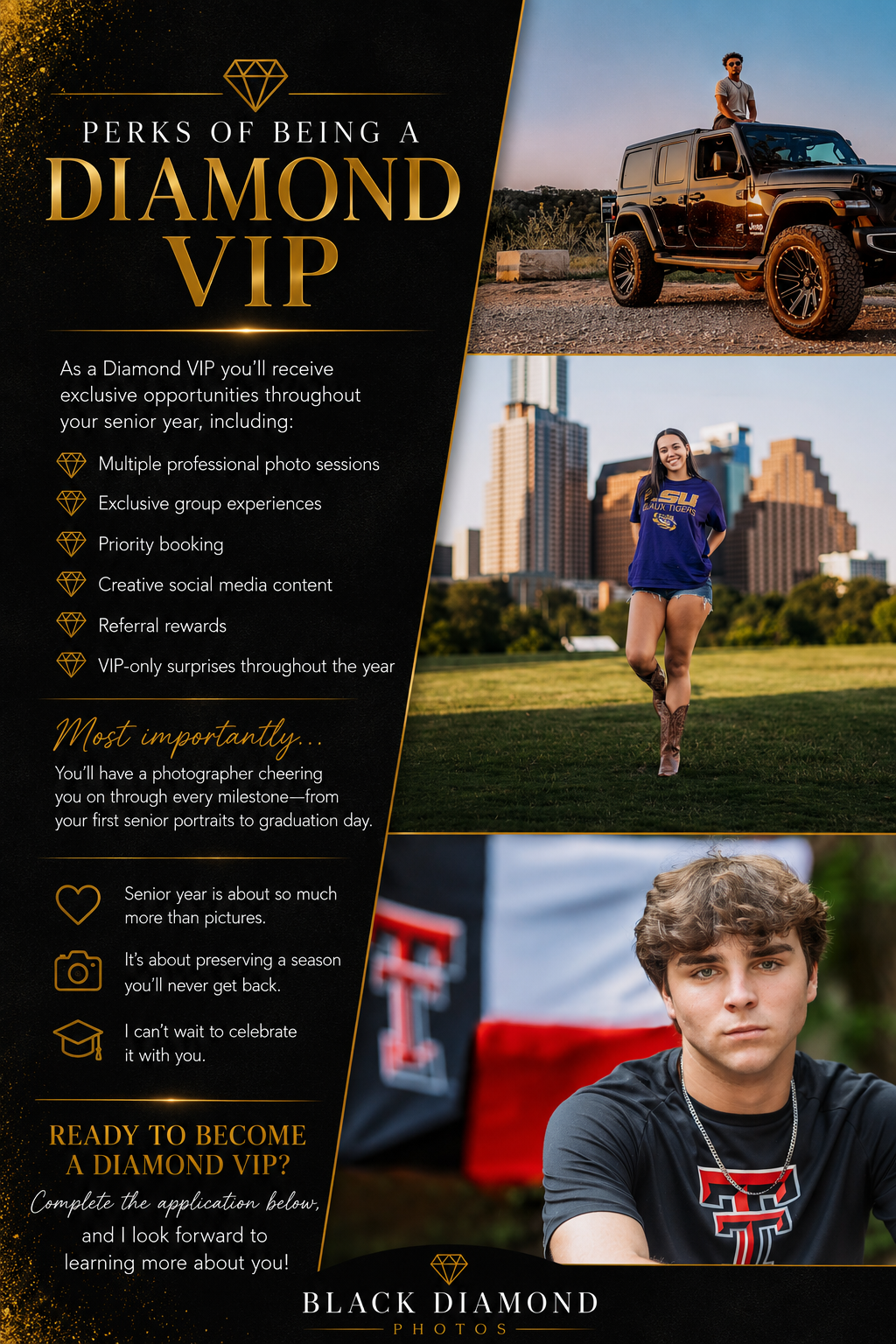 Diamond VIP senior photography package promotional flyer featuring teen portraits, city skyline, and luxury truck backdrop.