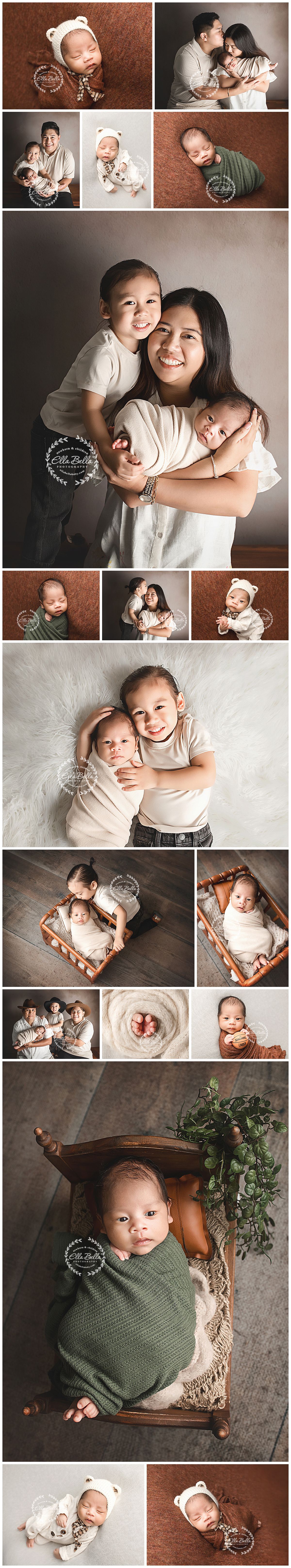 Newborn photography collage featuring a baby with family, siblings, and solo poses in warm brown and green tones.