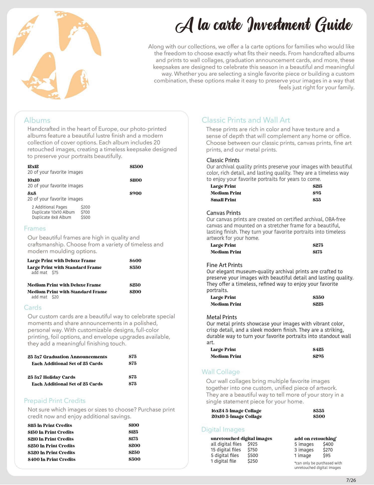 A la carte investment guide for photo albums, prints, and wall art with pricing options listed on cream background.