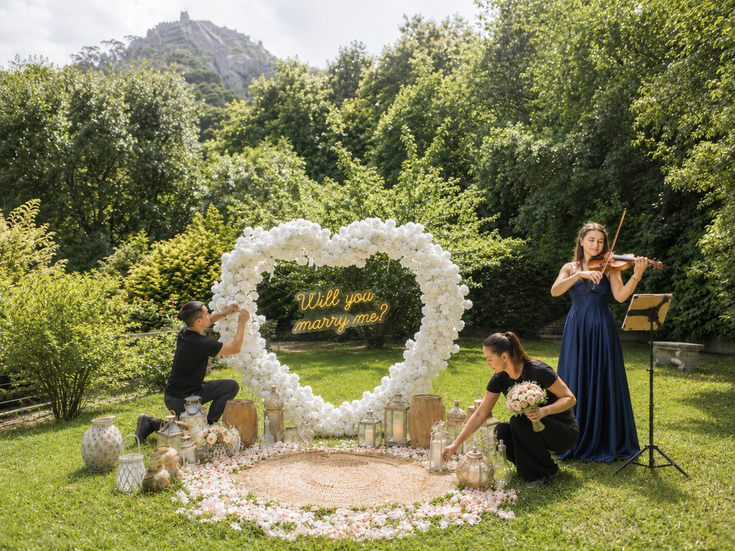 Romantic outdoor marriage proposal setup with white heart floral arch, candles, rose petals, and violinist in a garden.