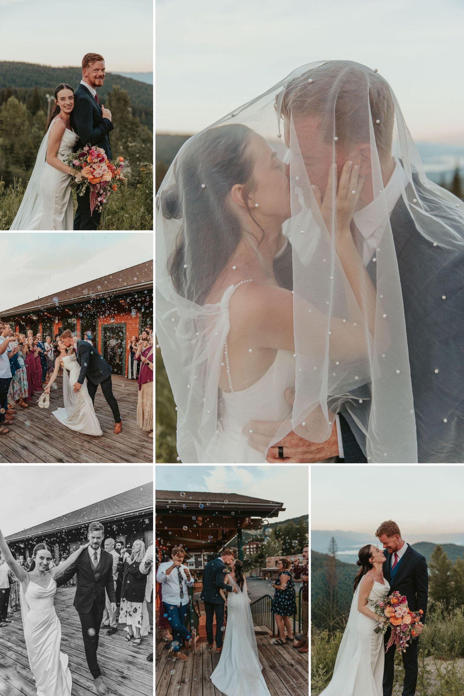 Romantic mountain wedding portraits at Schweitzer Mountain in Sandpoint Idaho, sunset golden hour portraits and grand bubble exit