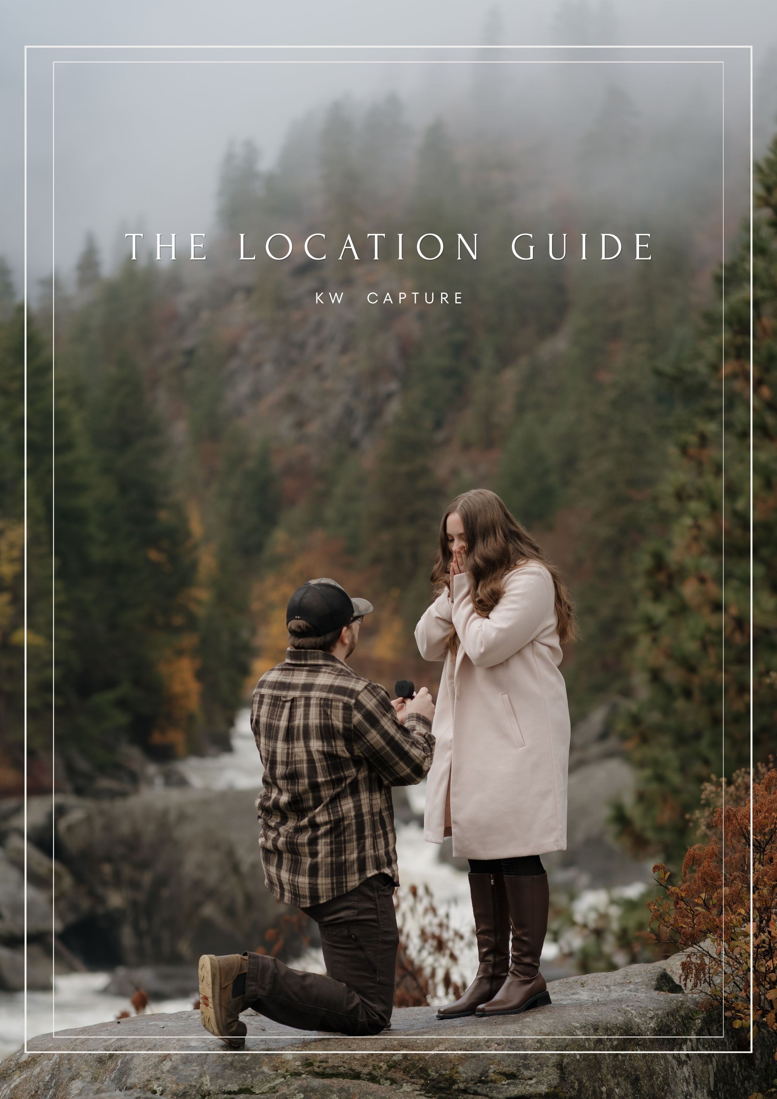 Man proposing to woman on rocky overlook with misty forest backdrop, cover of The Location Guide by KW Capture.