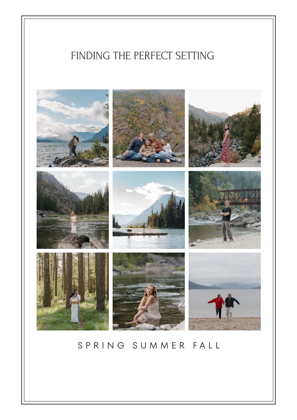 A collage of outdoor family and couple photography sessions in spring, summer, and fall mountain and lake settings.