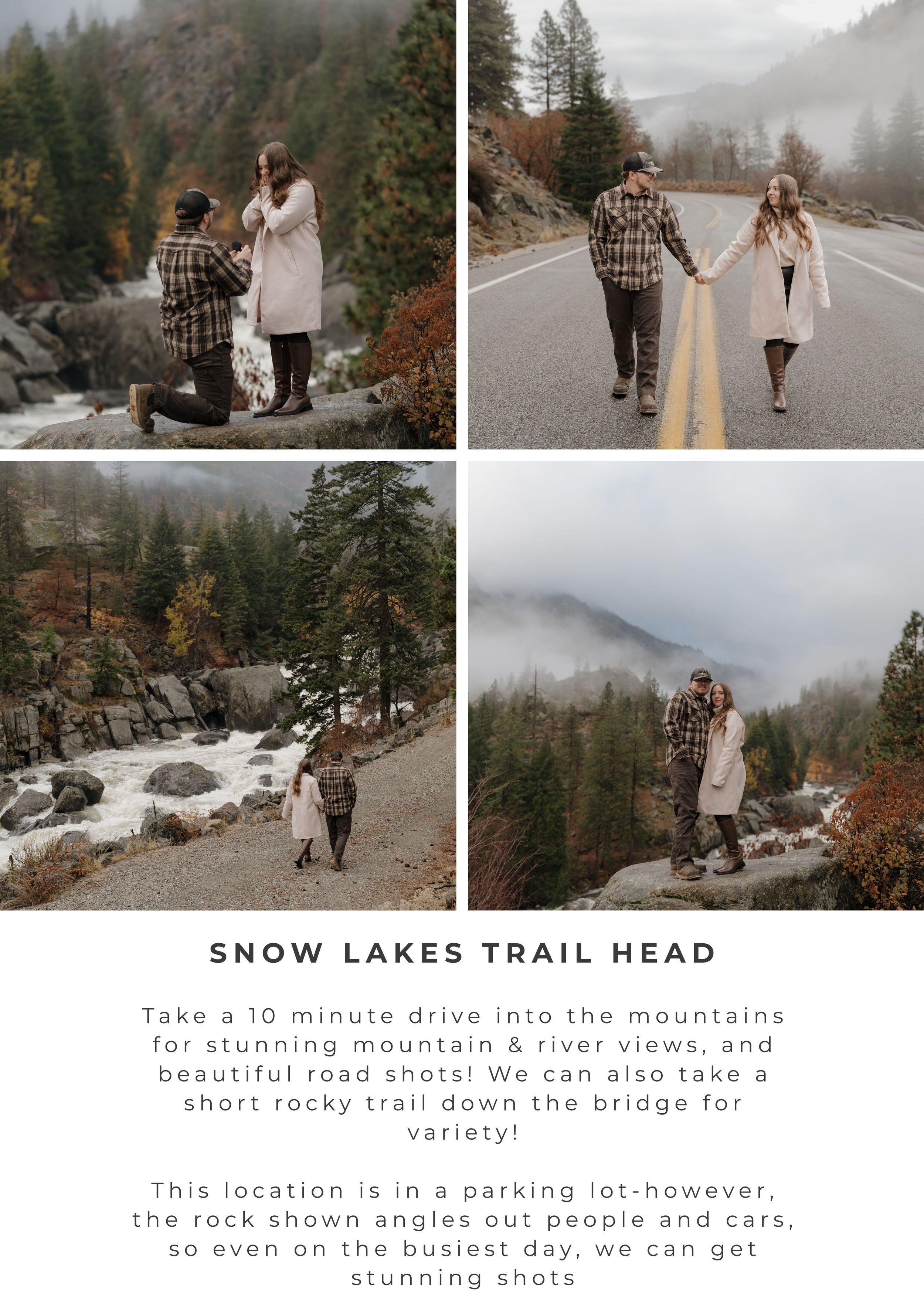Couple at Snow Lakes Trail Head with mountain views, road shots, and rocky bridge scenery in a stunning outdoor engagement session.
