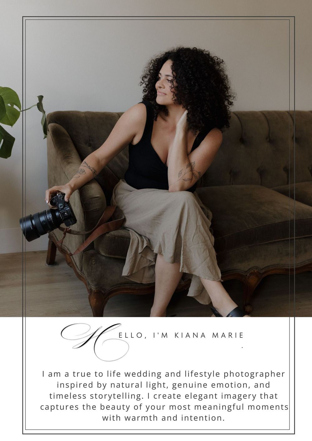 Kiana Marie, wedding and lifestyle photographer, sitting on a vintage sofa holding a camera, smiling warmly.