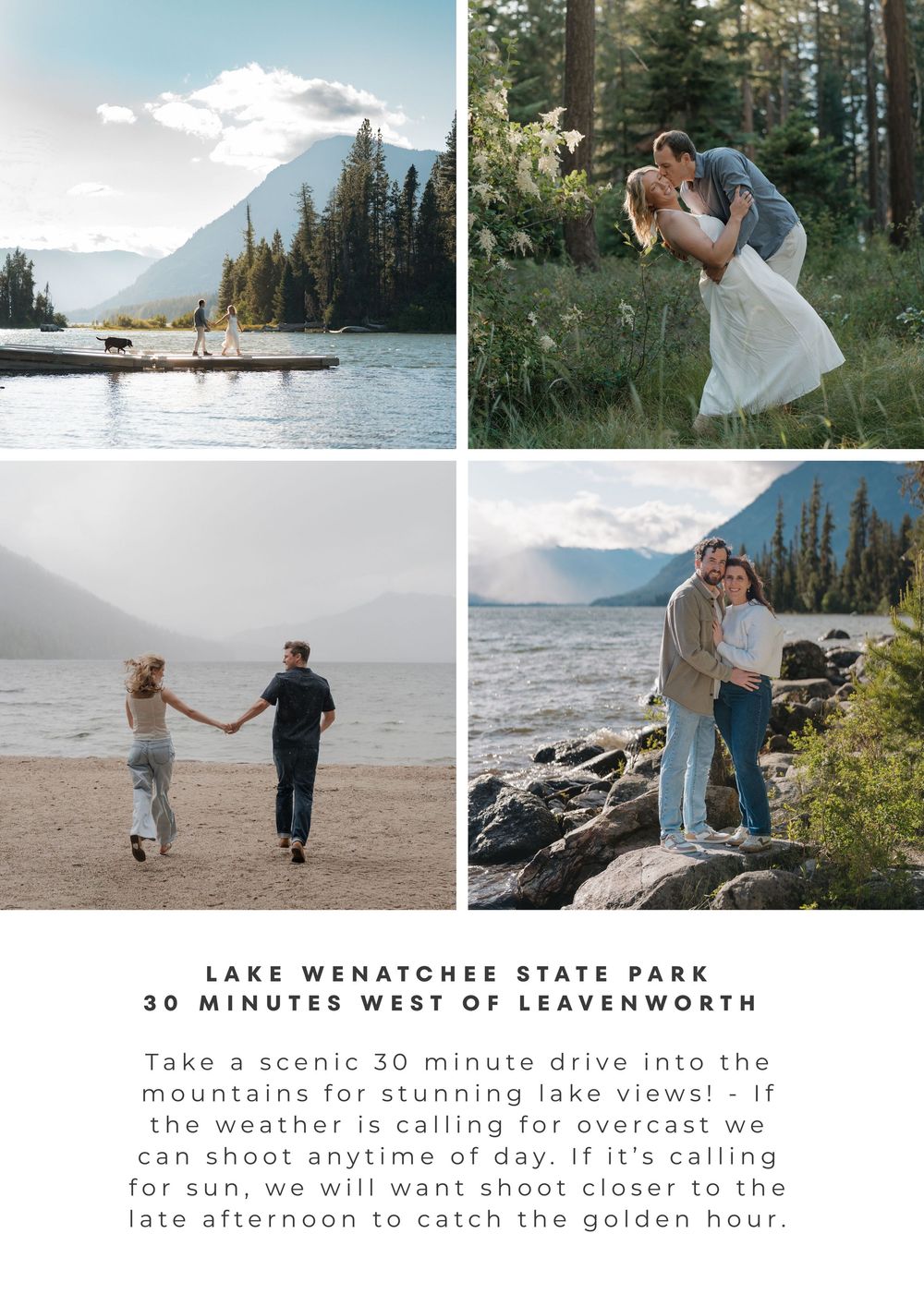 Couples and wedding photography at Lake Wenatchee State Park, 30 minutes west of Leavenworth, featuring mountain and lake views.