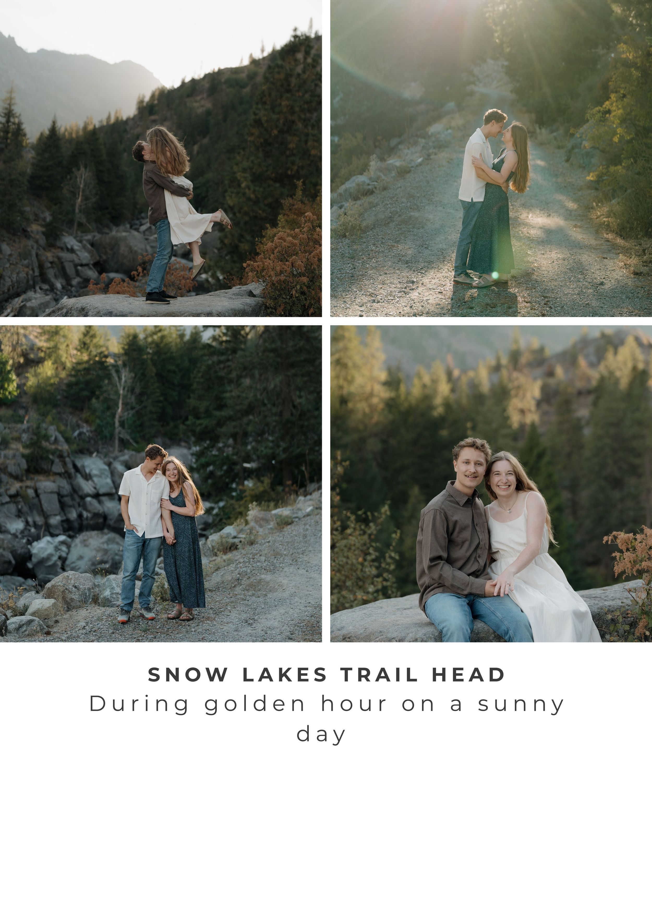 Couple embracing at golden hour on Snow Lakes Trail Head, surrounded by mountain scenery on a sunny day.