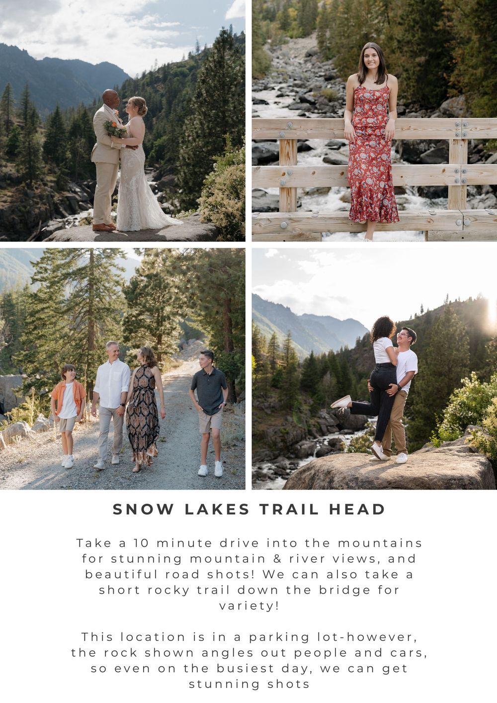 Couples and family portraits at Snow Lakes Trail Head featuring mountain views, river scenery, and rocky trails near Leavenworth, WA.