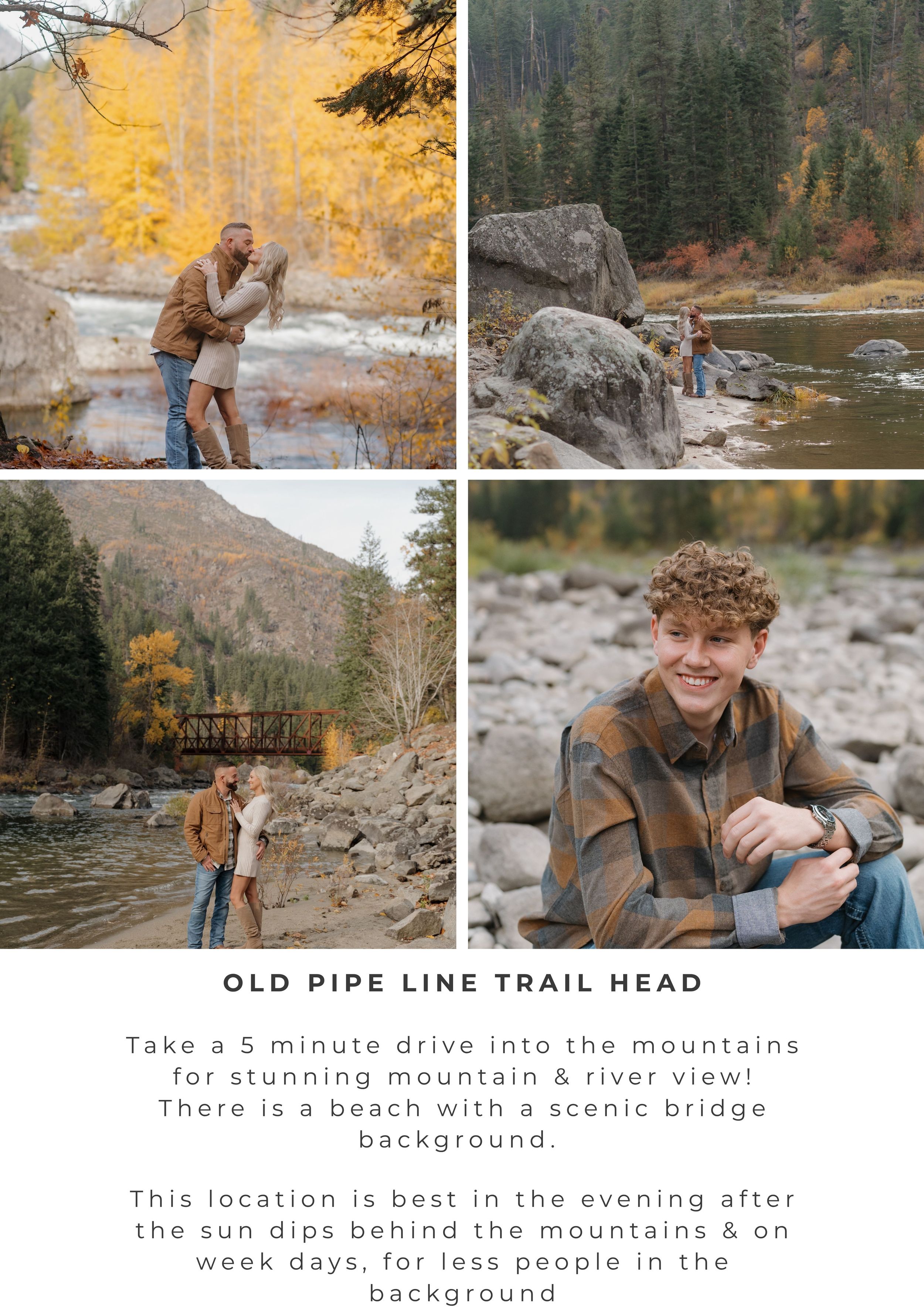 A young man poses by a mountain river surrounded by golden autumn foliage at Old Pipe Line Trail Head.