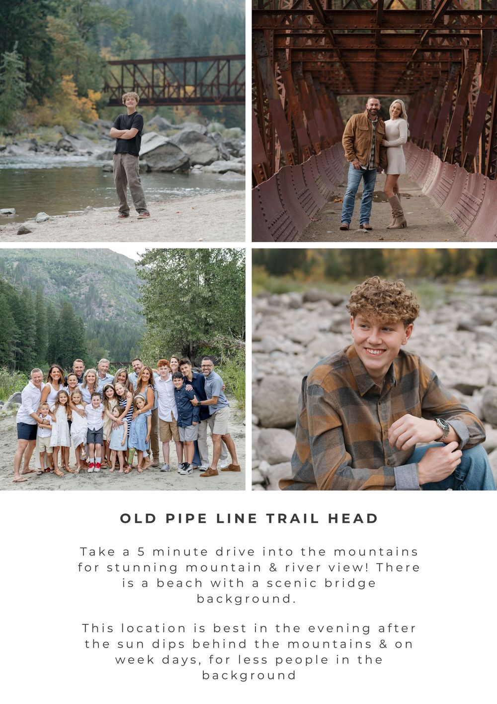 Collage of family and senior portraits at Old Pipe Line Trail Head featuring mountain river views and a scenic historic bridge.