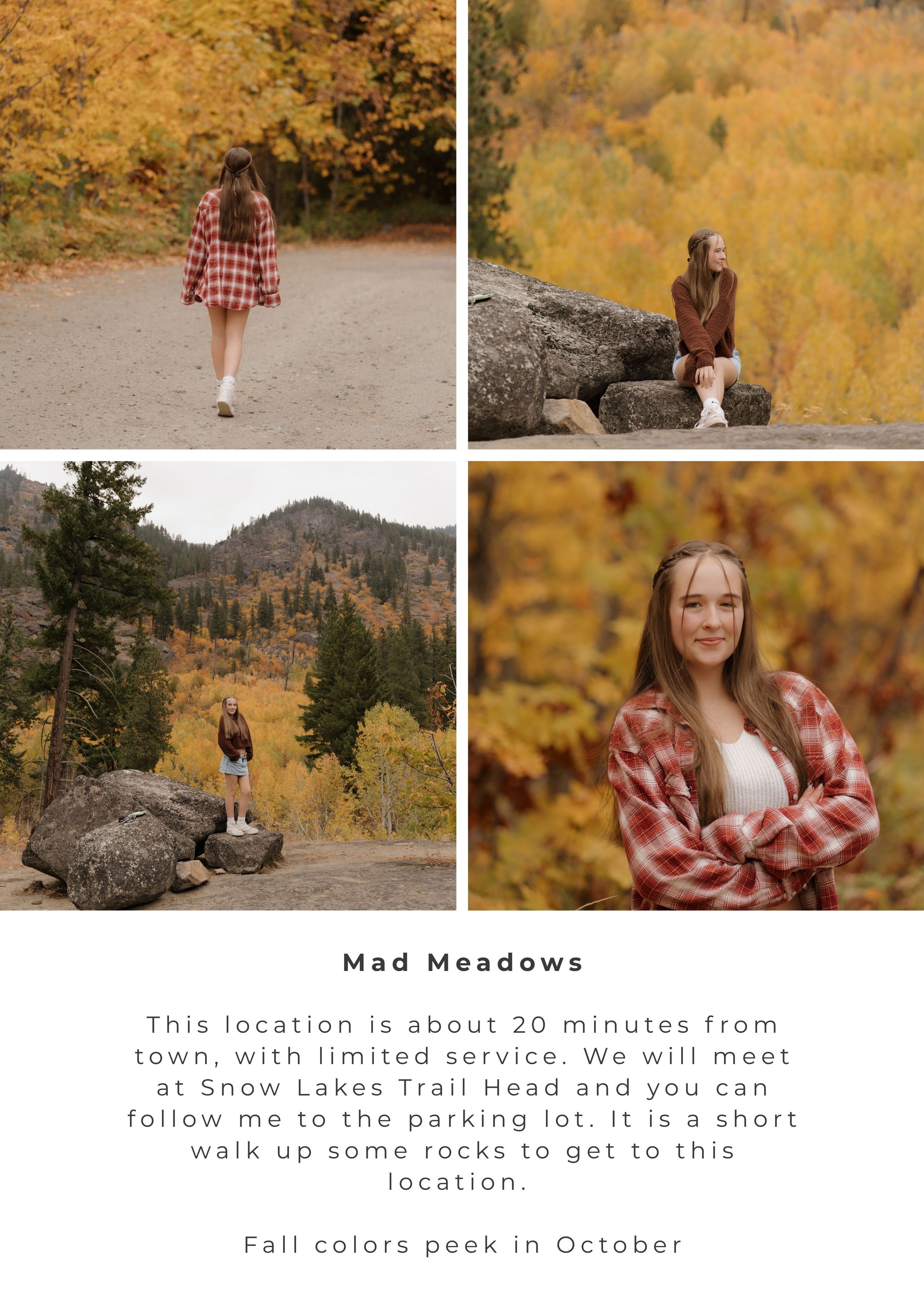 Young woman in plaid shirt poses among golden fall foliage at Mad Meadows near Snow Lakes Trail Head.