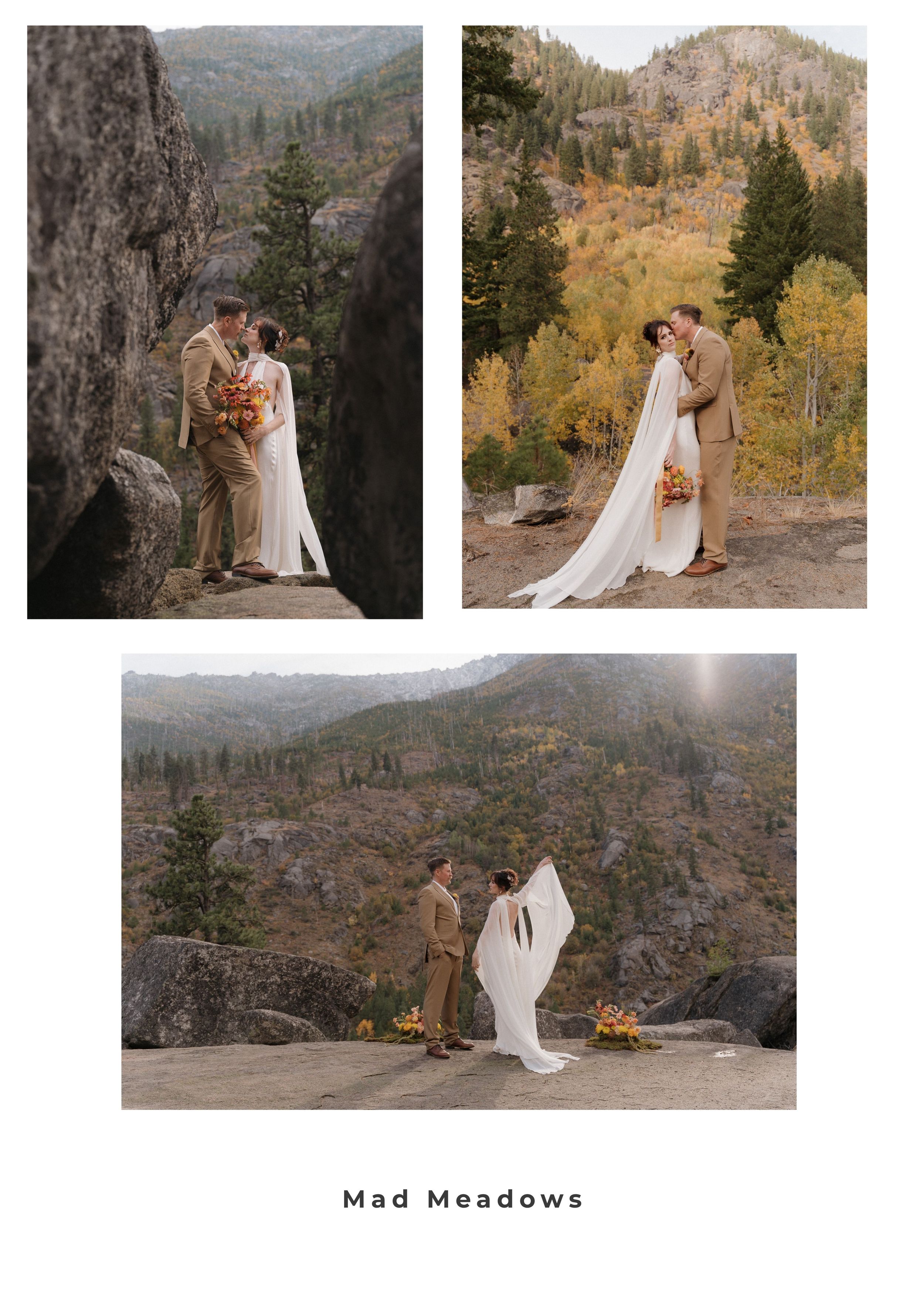 Couple sharing a romantic moment during a mountain elopement with autumn foliage at Mad Meadows.