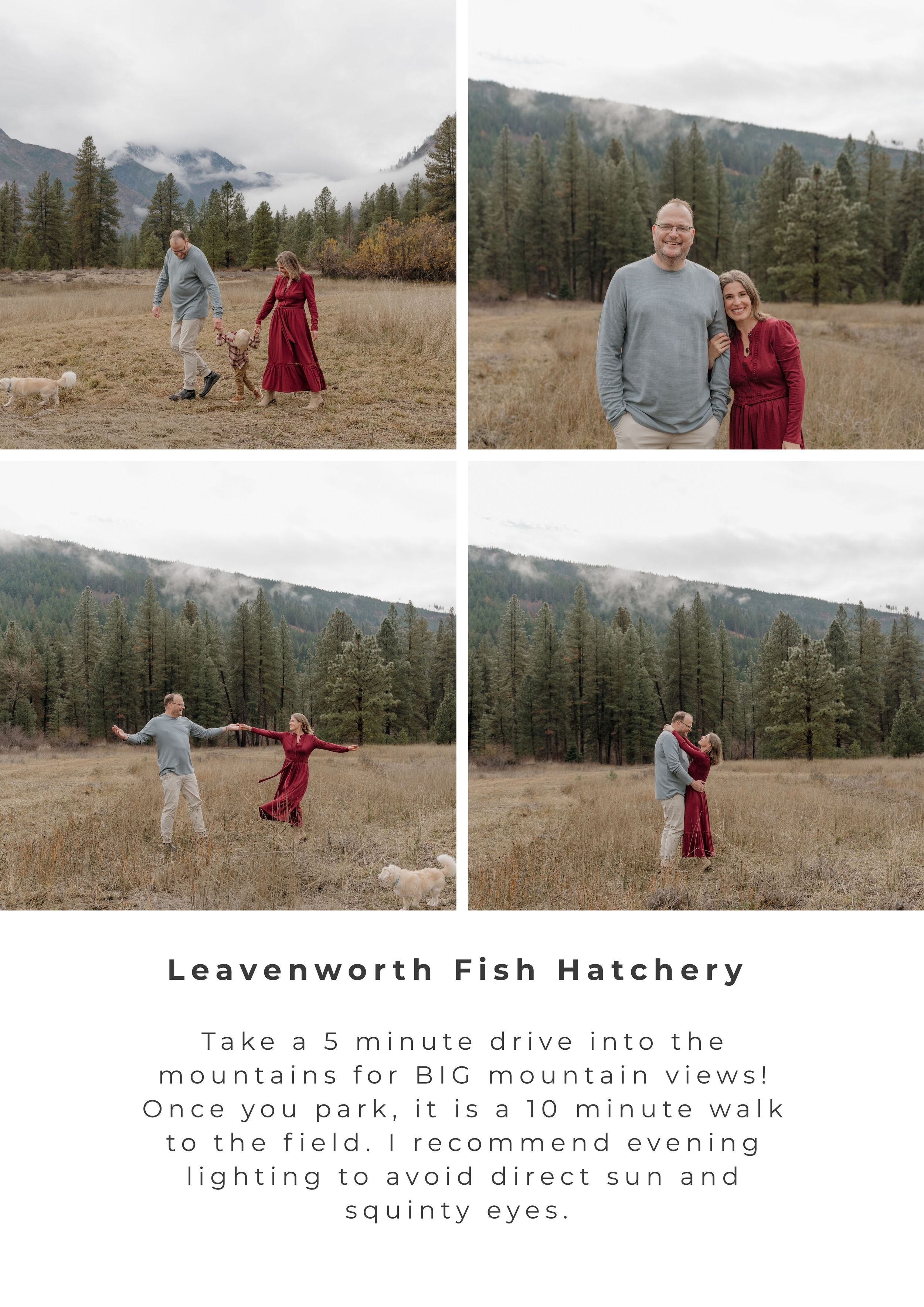 Couple and dog walking in mountain meadow at Leavenworth Fish Hatchery with pine trees and peaks backdrop.