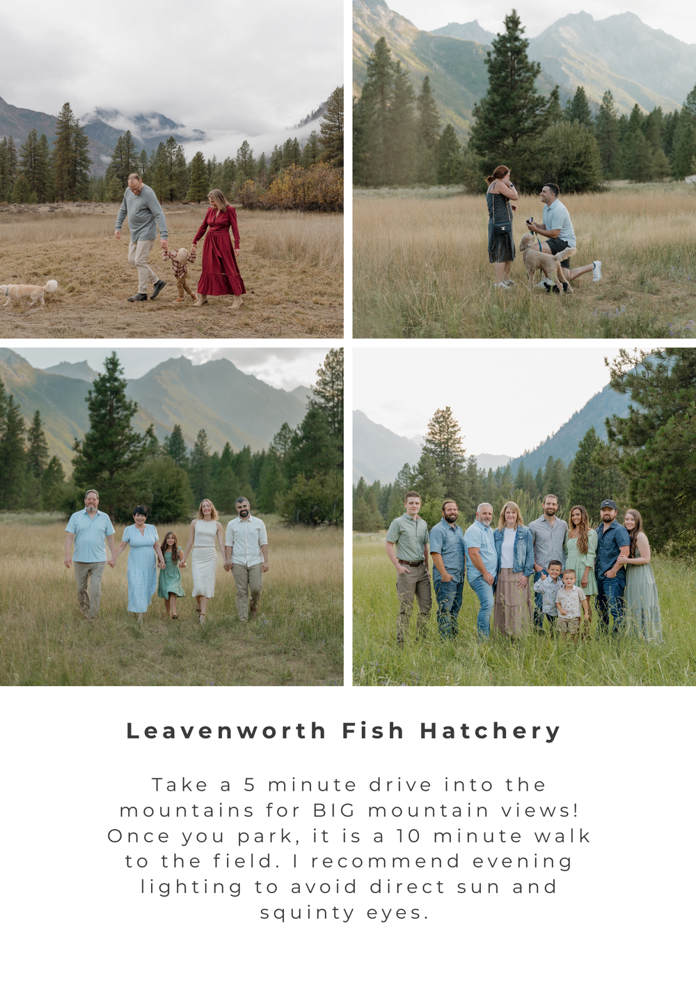 Family photos at Leavenworth Fish Hatchery with stunning mountain views, tall pines, and golden fields in Washington State.