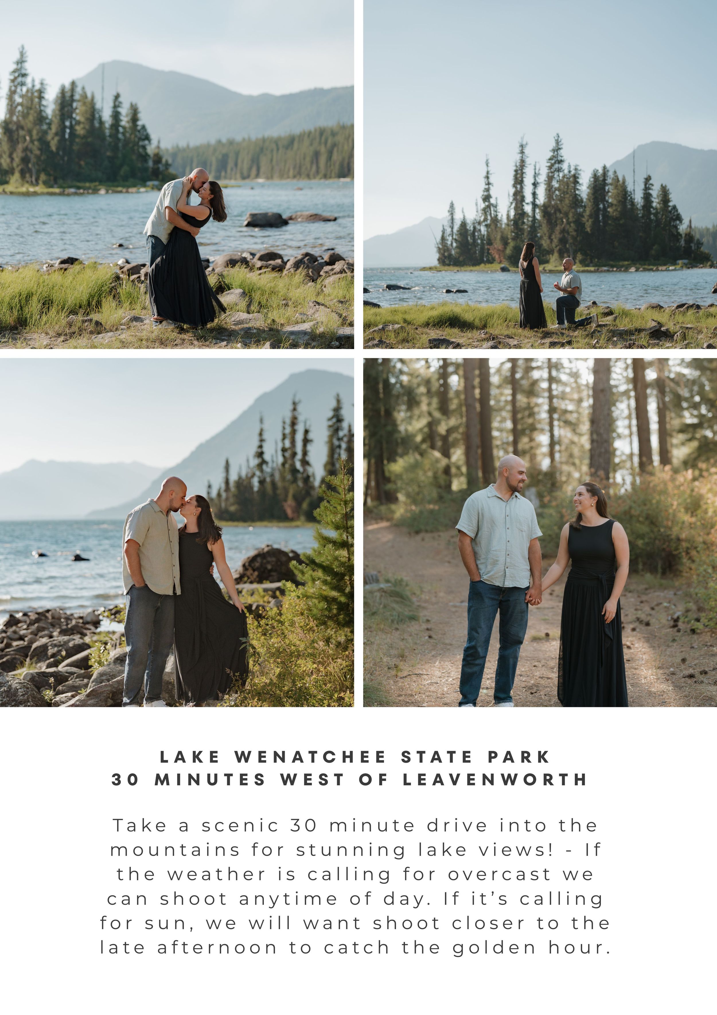 Couples embrace at Lake Wenatchee State Park with mountain and lake views, surrounded by tall pine trees and rocky shoreline.