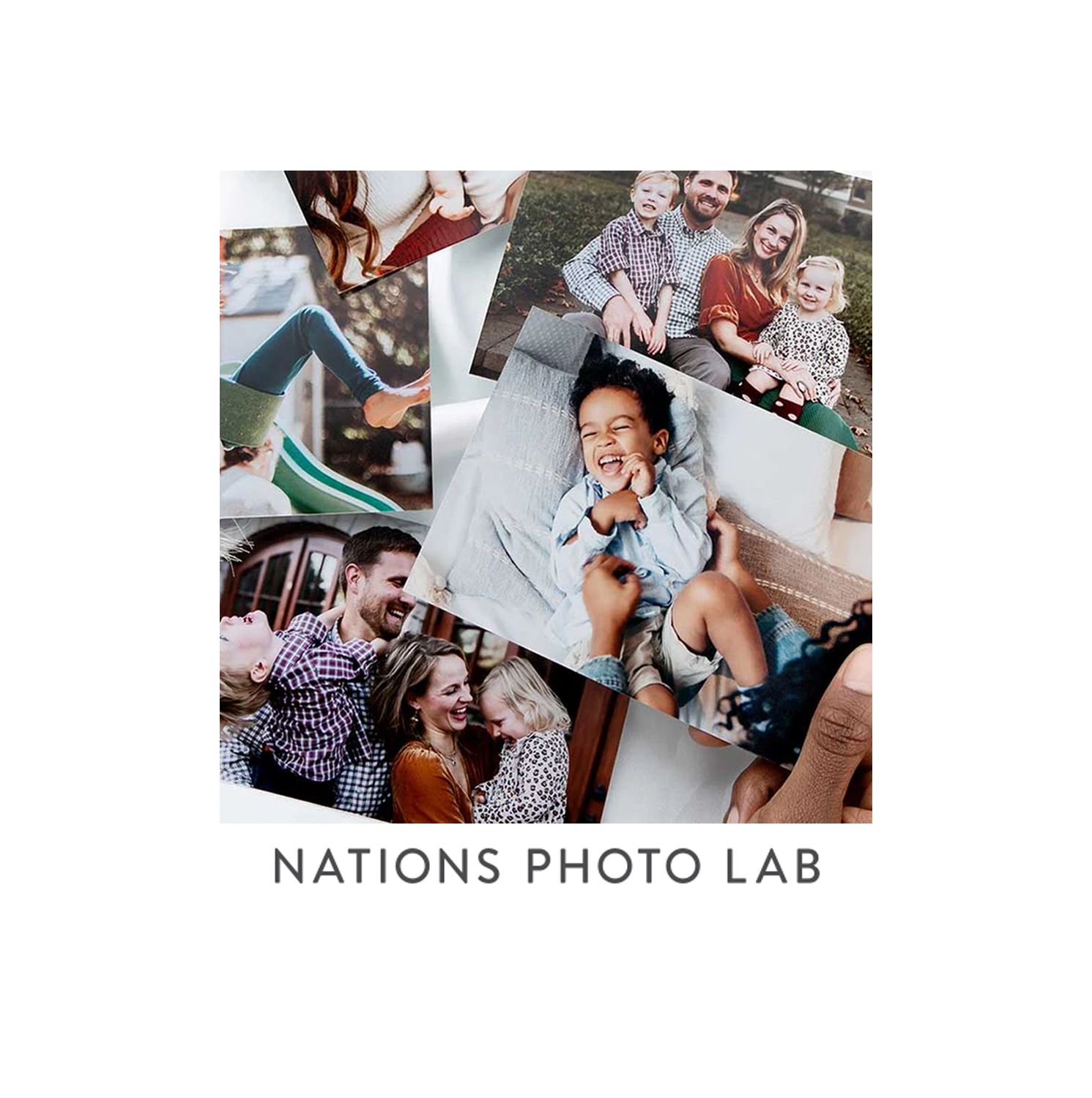 Nations Photo Lab collage of printed family and couple photos arranged on a white background.