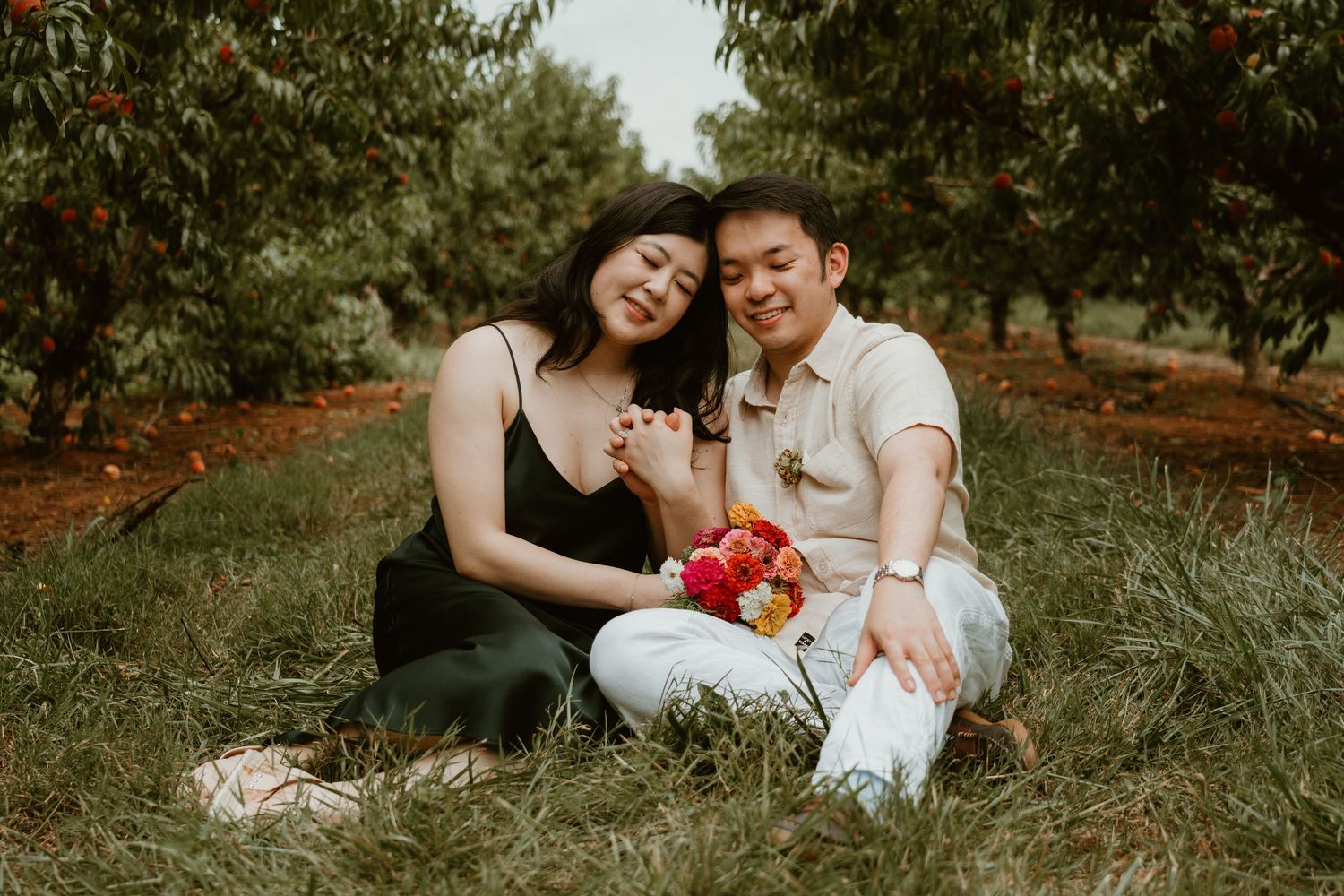Couple sitting together in an orchard on grass, holding apples, surrounded by fruit trees in a romantic outdoor setting.