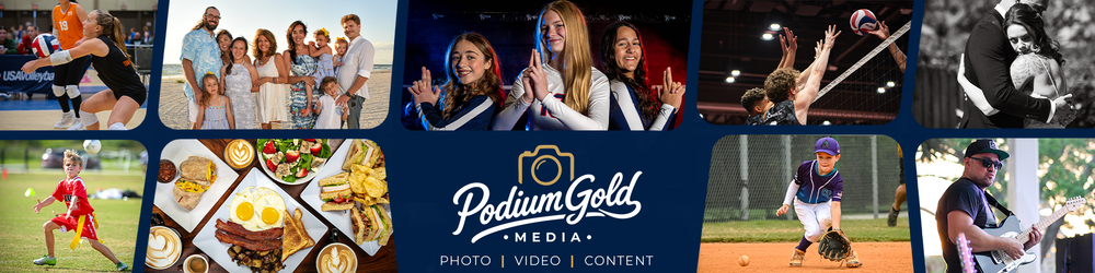 Podium Gold Media banner showcasing sports photography, video, and content creation services with collage of athletes and teams.
