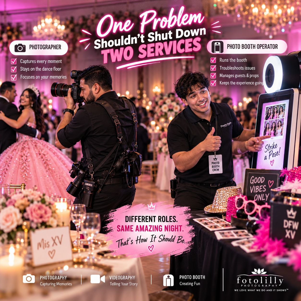 Grand Prairie quinceañera photo booth rental with Mirror Photobooth, trained attendants, instant prints and professional DFW event help