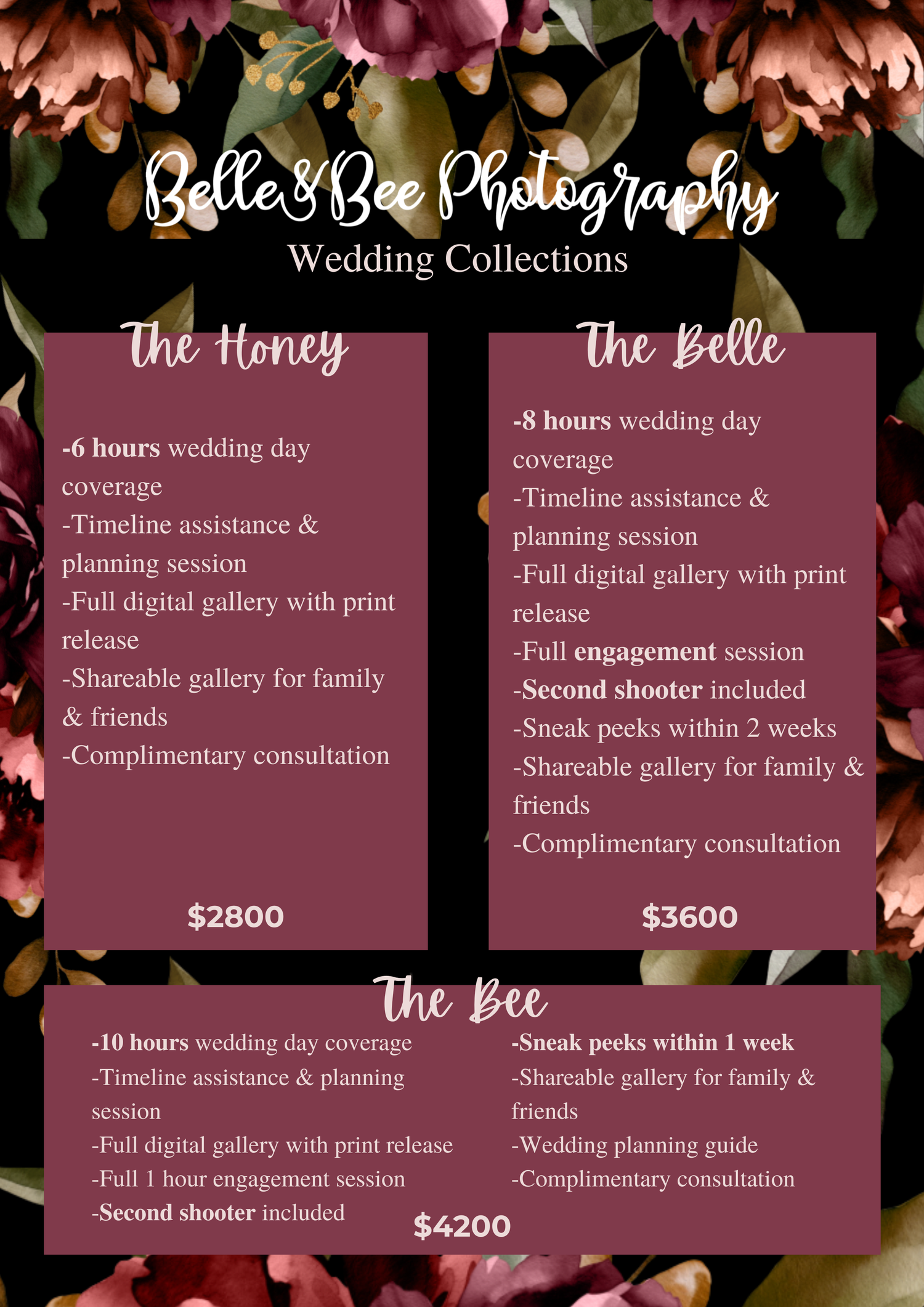 Belle & Bee Photography wedding collections pricing guide showing Honey $2800, Belle $3500, and Bee $4000 packages.
