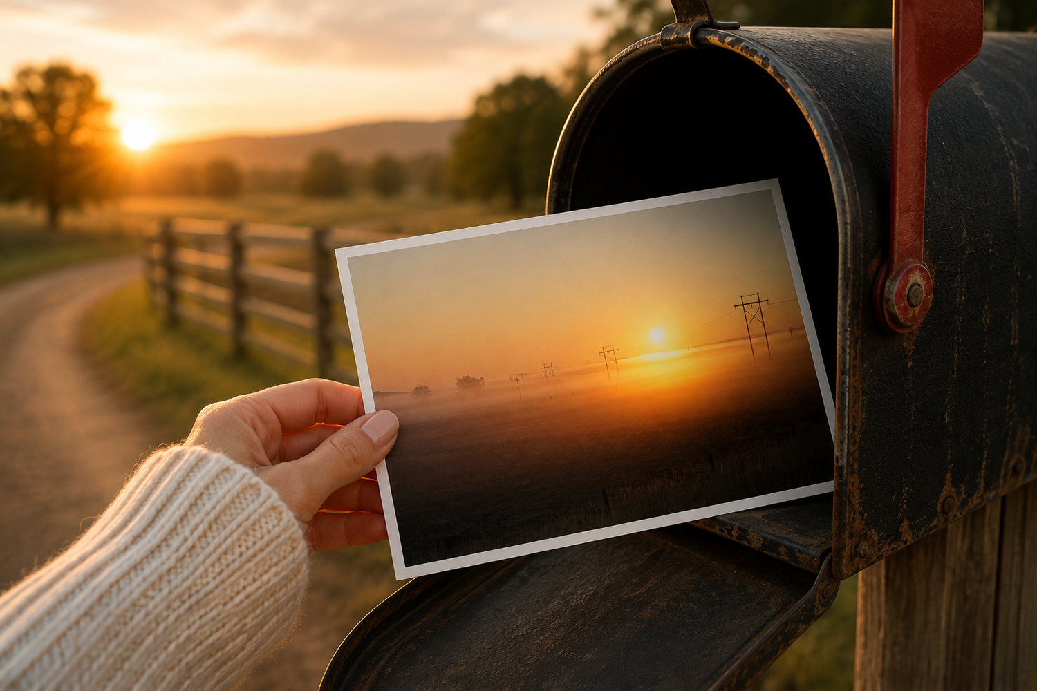 Hand holding a sunset landscape photo near a rustic mailbox on a country road at golden hour.