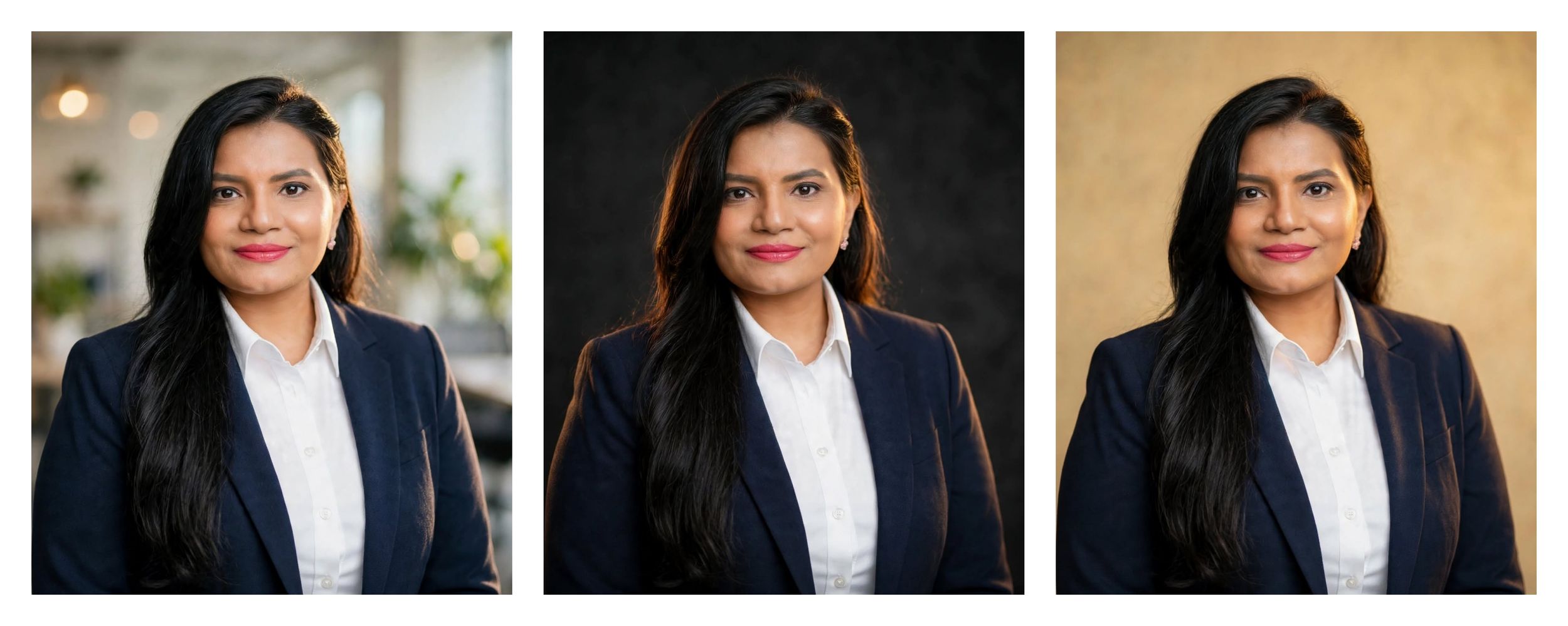 Professional woman in navy blazer poses for corporate headshots against three different backgrounds.