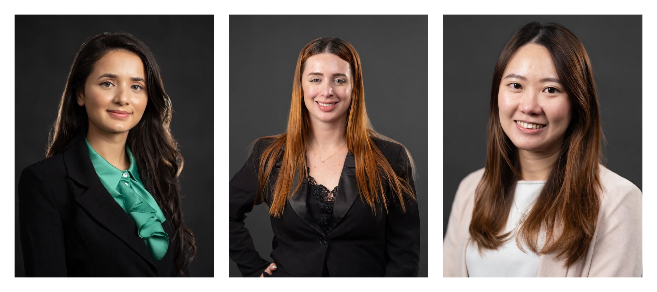 Three professional women in business attire pose for formal headshots against a dark gray background.