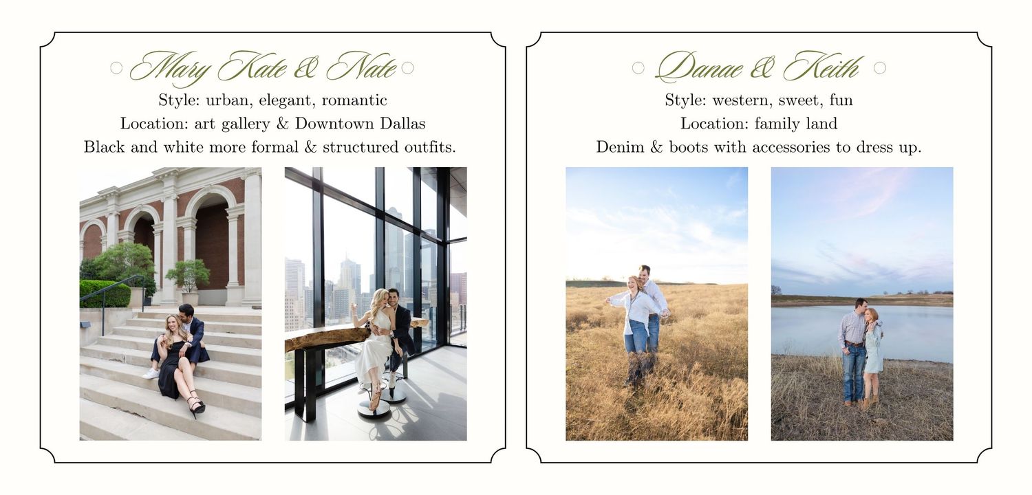 Two examples of engagement shoots, one of a formal, elegant styled couple, and the other, a more fun, western styled couple.