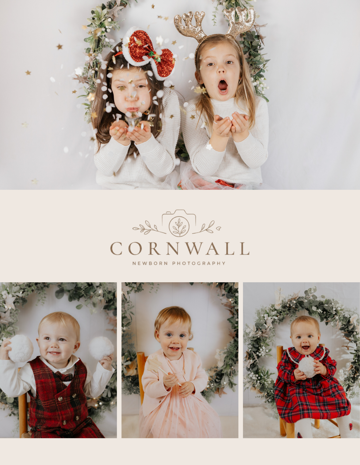 Two girls in festive Christmas outfits blow confetti near Christmas wreaths at Cornwall Newborn Photography studio.