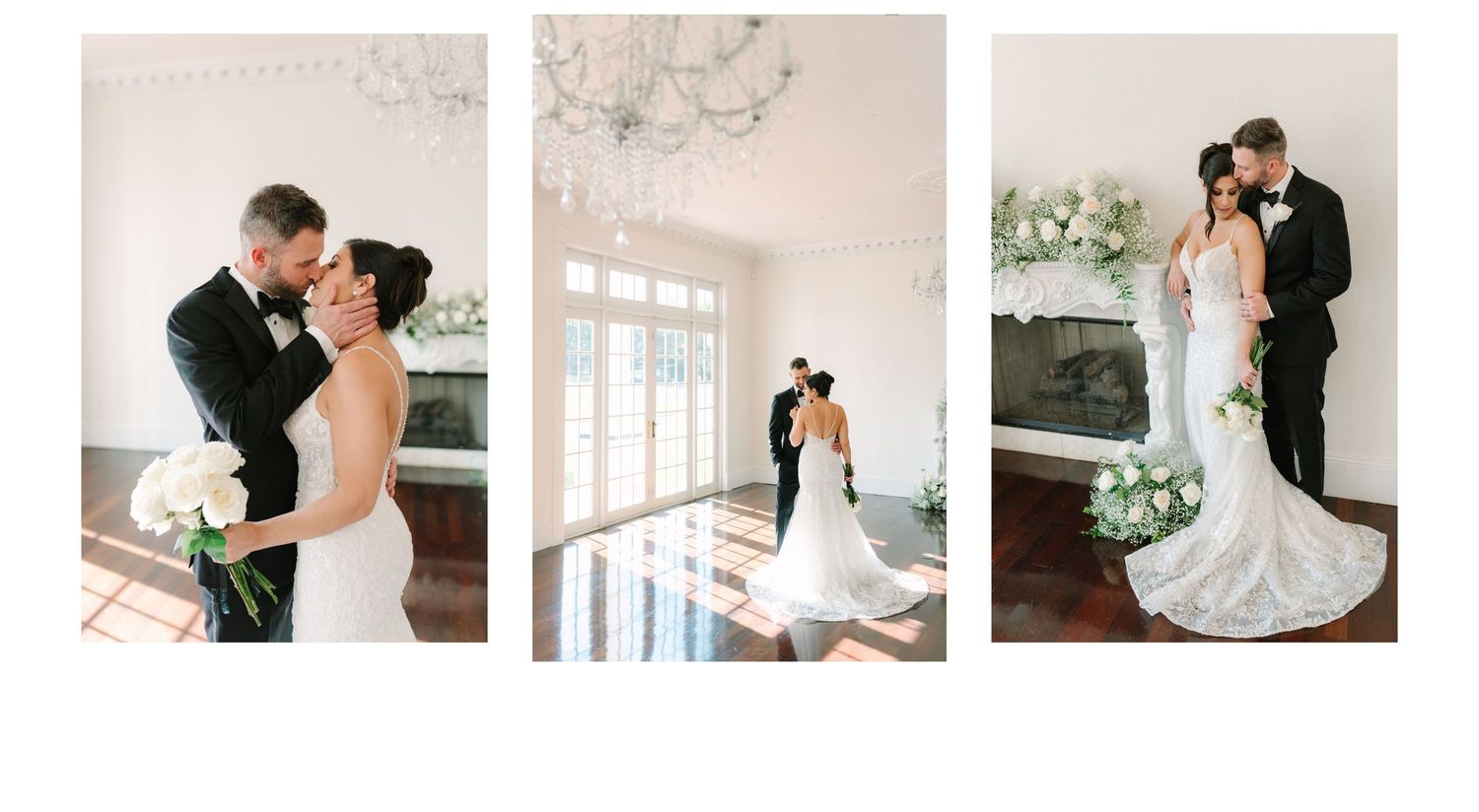 Elegant wedding couple sharing a romantic kiss in a bright white venue with chandelier and floral decor.