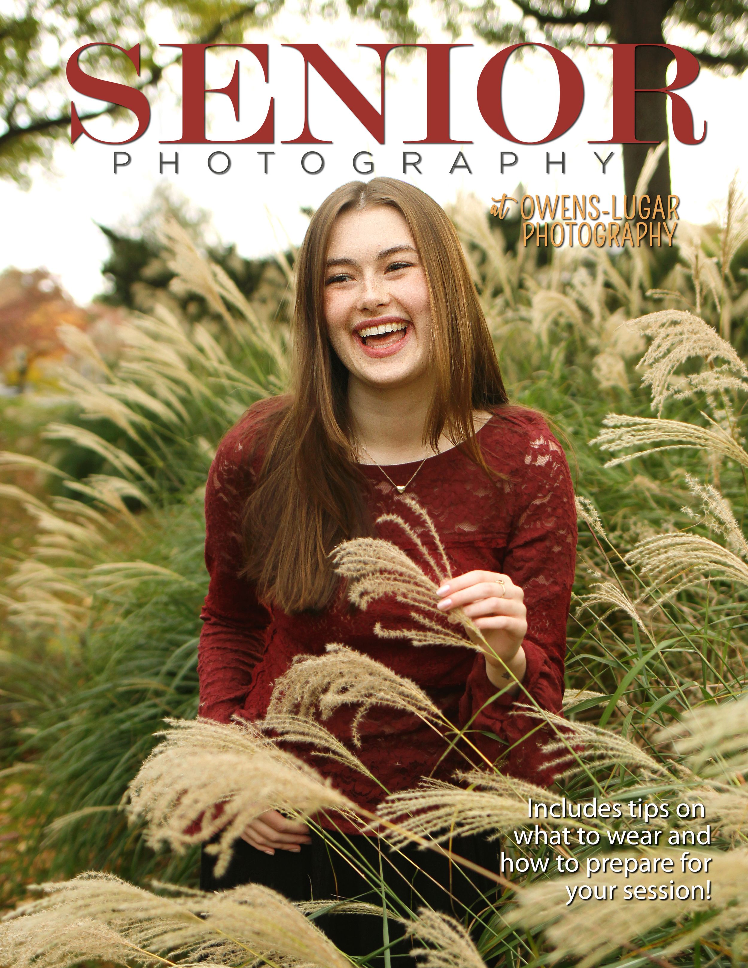 Senior Photography magazine cover featuring a laughing teenage girl in a red lace dress surrounded by golden autumn grasses.