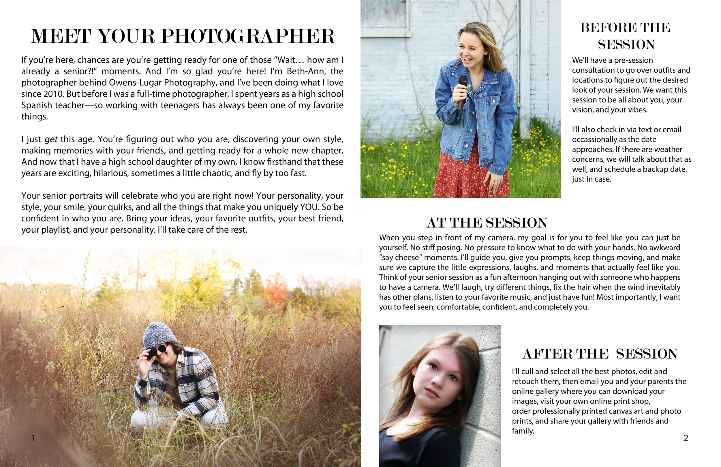A photographer's portfolio page featuring a young woman in a golden field and a portrait session guide with session details.