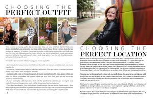 A magazine spread showing tips for choosing the perfect outfit and location for a photo session with outdoor portrait examples.