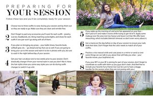 A photography session preparation guide with tips on clothing, accessories, and styling for a professional photo shoot.