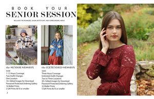 A young woman in a red lace dress poses outdoors among autumn foliage in a senior portrait photography session booking flyer.