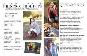 A la carte photography pricing guide featuring fine art prints, albums, wall art, and grad announcements with sample photos.