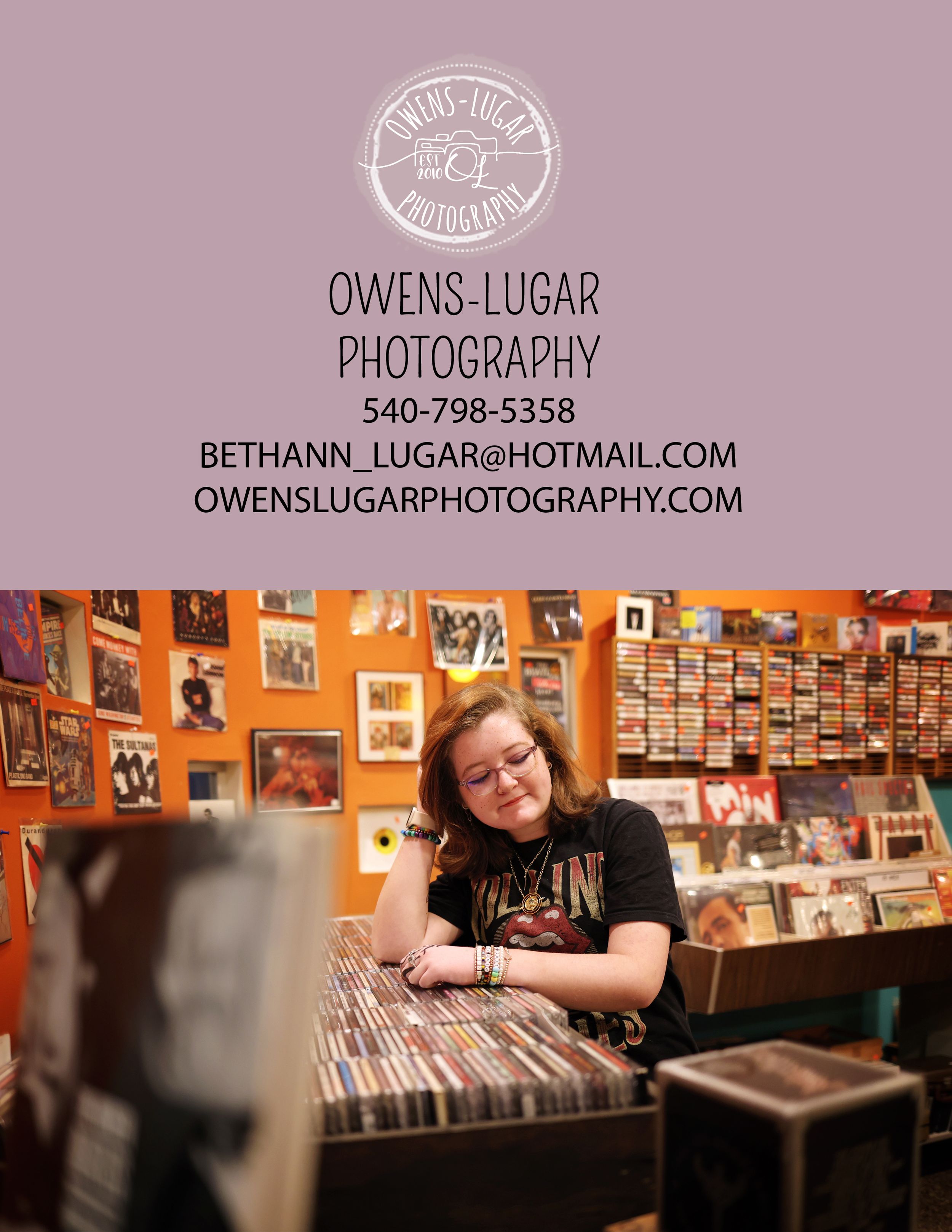 Young woman browsing vinyl records in a colorful music store, featured in Owens-Lugar Photography promotional ad.