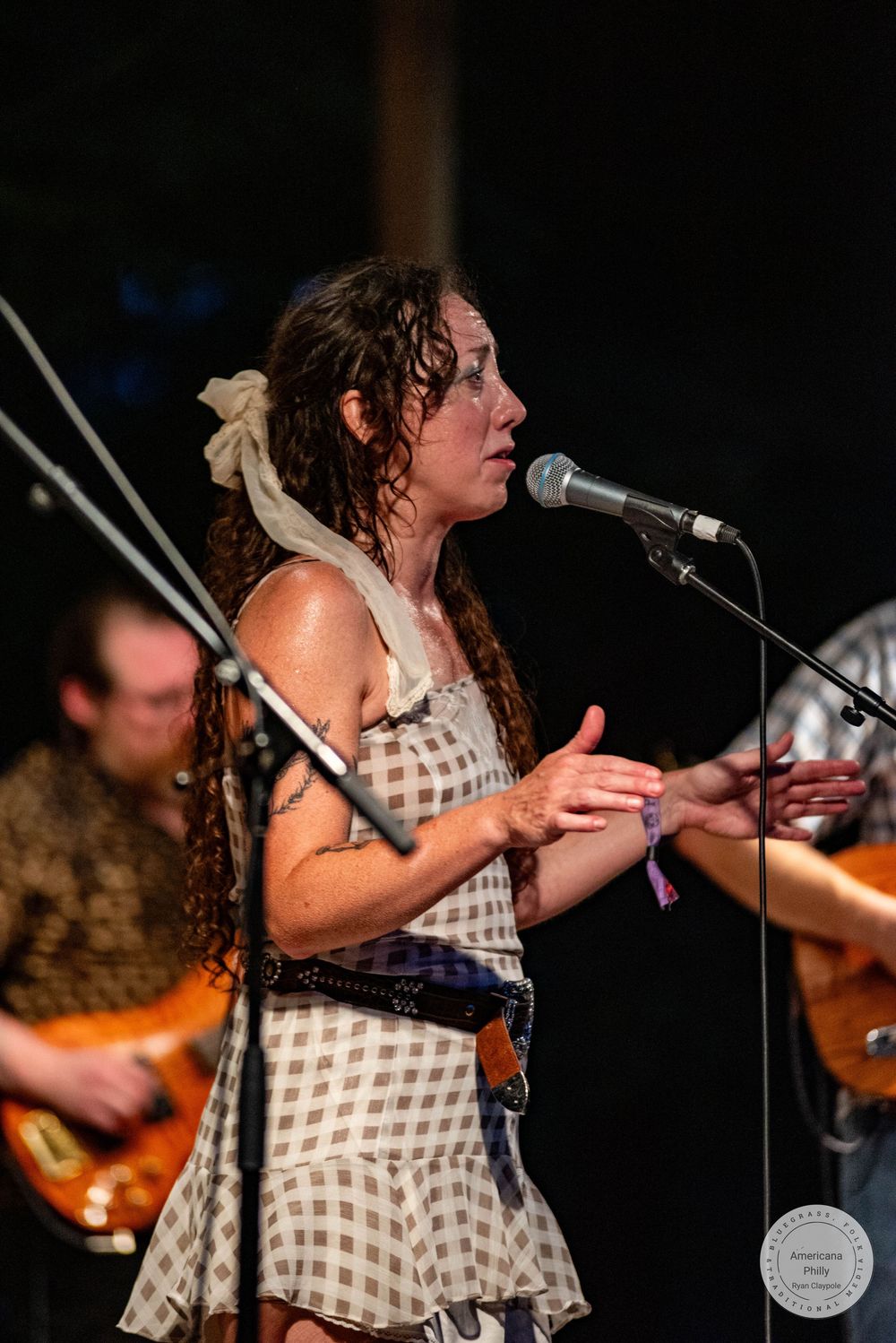 A curly-haired woman in a checkered dress performs at a microphone on stage with a guitarist visible behind her.
